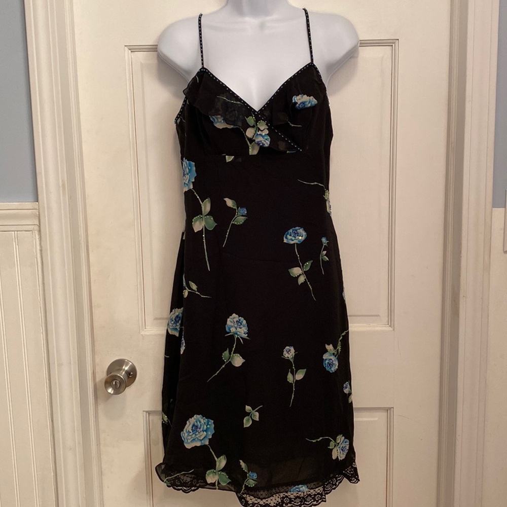 Papell Boutique Evening Black floral Spaghetti Strap Dress Size 10 Worn Once